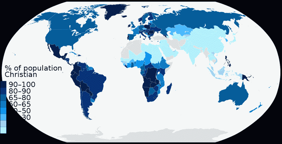 Carte montrant le pourcentage de population chrétienne dans chaque nation, dans le monde.